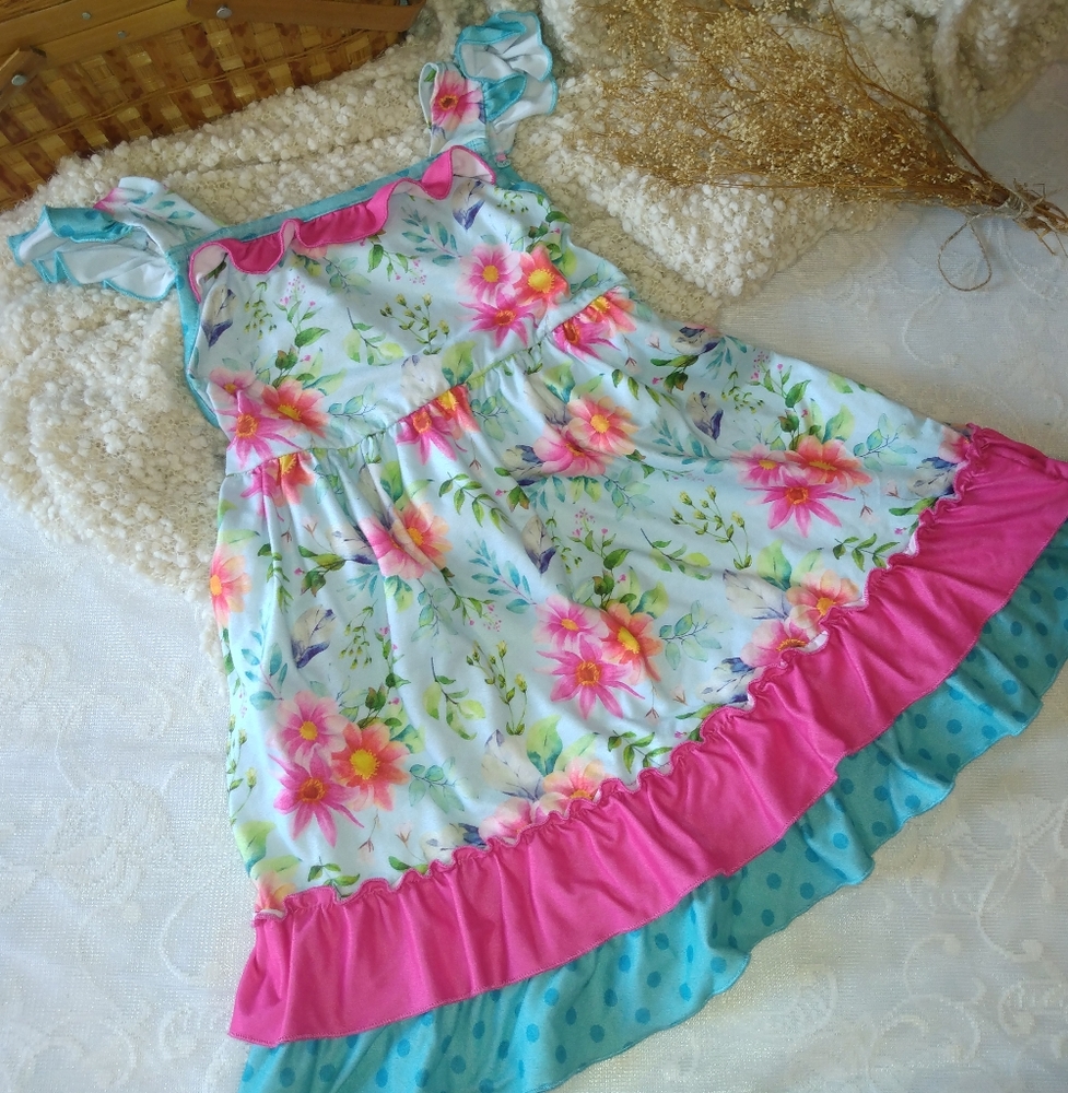 Floral Ruffle Dress with Pink and Blue Accents